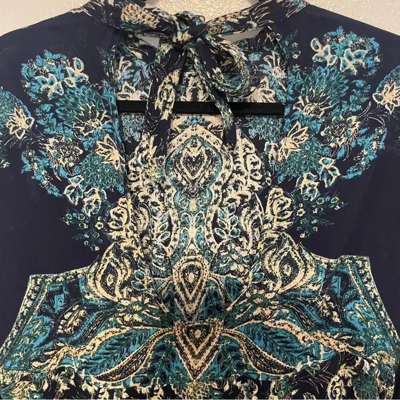 Free People Lady Luck Printed Tunic Blouse Size Medium Open Back Buttons Flare - Picture 8 of 13